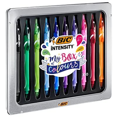 BIC Gel-ocity Quick Dry, Gel Ink Pens with Full Grip Barrel, Assorted Colours, in Metal Tin, My Box of Colours, Pack of 10 BIC Gel-ocity Quick Dry, Gel Ink Pens with Full Grip Barrel, Assorted Colours, in Metal Tin, My Box of Colours, Pack of 10