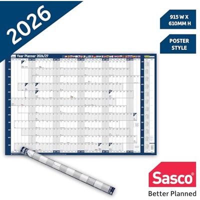 Sasco 2026 EU Wall Planner – Poster Style Year Calendar with Wet Wipe Pen & Stickers, 91.5x61cm, Blue – UK & European Holidays Marked – 2026 Wall Planner for Multinational Teams Sasco 2026 EU Wall Planner – Poster Style Year Calendar with Wet Wipe Pen & Stickers, 91.5x61cm, Blue – UK & European Holidays Marked – 2026 Wall Planner for Multinational Teams