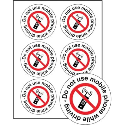 Caledonia Signs Do not use mobile phone while driving 65mm dia sheet of 6 peel 'n' stick labels Caledonia Signs Do not use mobile phone while driving 65mm dia sheet of 6 peel 'n' stick labels