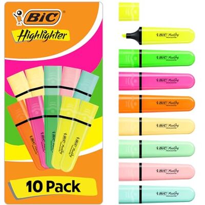 BIC Marking Flat Highlighter Pens with Modular Chiselled Nib (1.2 mm-4.6 mm) Assorted Neon and Pastel Colours, Pack of 10 BIC Marking Flat Highlighter Pens with Modular Chiselled Nib (1.2 mm-4.6 mm) Assorted Neon and Pastel Colours, Pack of 10