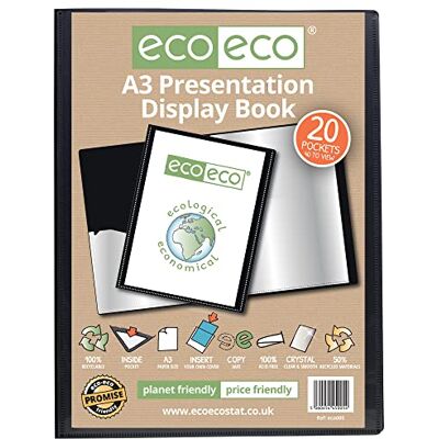 eco-eco A3 Size 50% Recycled 20 Pocket Black Presentation Display Book, Storage Case Portfolio Art Folder with Plastic Sleeves eco-eco A3 Size 50% Recycled 20 Pocket Black Presentation Display Book, Storage Case Portfolio Art Folder with Plastic Sleeves