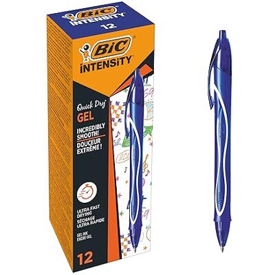 BIC Gel-ocity Quick Dry, Ultra Fast Drying Refillable Gel Ink Pens with Full Grip Barrel, in Blue, Pack of 12 BIC Gel-ocity Quick Dry, Ultra Fast Drying Refillable Gel Ink Pens with Full Grip Barrel, in Blue, Pack of 12