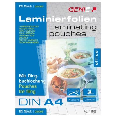Genie A4 Laminating Pouches with Margin and Perforations Pack of 25 Transparent Genie A4 Laminating Pouches with Margin and Perforations Pack of 25 Transparent