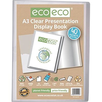 eco-eco A3 Size 50% Recycled 40 Pocket Clear Presentation Display Book, Storage Case Portfolio Art Folder with Plastic Sleeves, eco101 eco-eco A3 Size 50% Recycled 40 Pocket Clear Presentation Display Book, Storage Case Portfolio Art Folder with Plastic Sleeves, eco101