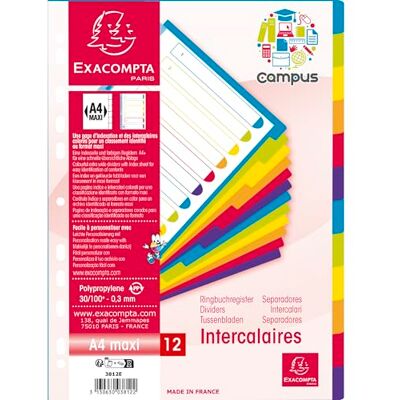 Exacompta 15 dividers PP rigid semi-opaque 12 blank tabs Campus Exacompta 15 dividers PP rigid semi-opaque 12 blank tabs Campus