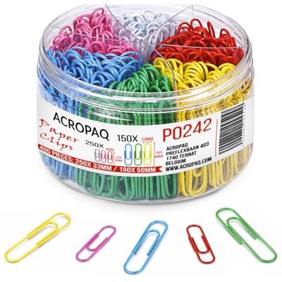 Acropaq Metal Paper Clips 400 pcs Colored Vinyl Coated Paperclips, Assorted Sizes of Medium 33 mm and Large 50 mm, Durable and Ideal for Office, Home, and School Paperclips, Clips for Paper Acropaq Metal Paper Clips 400 pcs Colored Vinyl Coated Paperclips, Assorted Sizes of Medium 33 mm and Large 50 mm, Durable and Ideal for Office, Home, and School Paperclips, Clips for Paper