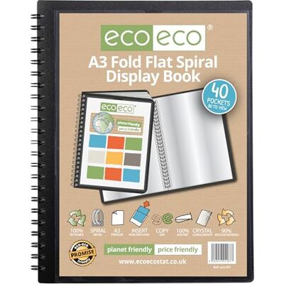 eco-eco A3 90% recycled 40 pocket Fold Flat Spiral Bound display book, eco187, Black eco-eco A3 90% recycled 40 pocket Fold Flat Spiral Bound display book, eco187, Black