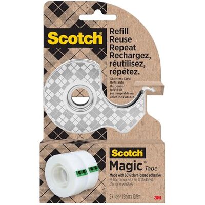 Scotch Stainless Steel Tape Dispenser, Silver + Magic Tape, 2 Rolls (19 mm x 13.9 m) Refillable Sticky Tape Dispenser for Home and Office Scotch Stainless Steel Tape Dispenser, Silver + Magic Tape, 2 Rolls (19 mm x 13.9 m) Refillable Sticky Tape Dispenser for Home and Office