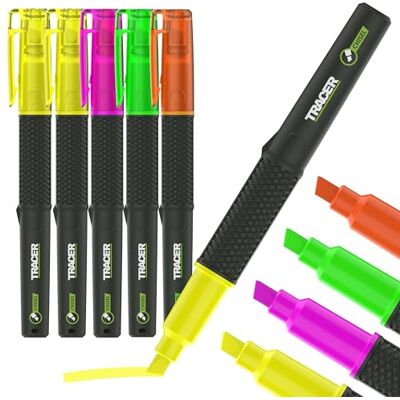 Tracer 2.0 Chisel Tip Highlighter Pens x5 – Yellow, Orange, Pink, Green Fast-drying ink • Chisel tip for broad & fine lines • 5-pen multipack • Perfect for notes, revision & planning Tracer 2.0 Chisel Tip Highlighter Pens x5 – Yellow, Orange, Pink, Green Fast-drying ink • Chisel tip for broad & fine lines • 5-pen multipack • Perfect for notes, revision & planning