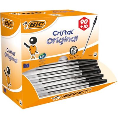 BIC Cristal Original Ballpoint Pens, Every-Day Biro Pen, Fine Point (1.0mm), Ideal for School, Black Ink, Pack of 100 BIC Cristal Original Ballpoint Pens, Every-Day Biro Pen, Fine Point (1.0mm), Ideal for School, Black Ink, Pack of 100