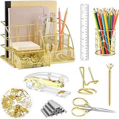 KAAKOW Gold Desk Organizers and Accessories Office Supplies Set Stapler, Pen Holder, Phone Holder, Scissors, Pen, Ruler, 30 Paper Clips, 22 Binder Clip, 20 Tacks and 1000pcs Staples (Gold) KAAKOW Gold Desk Organizers and Accessories Office Supplies Set Stapler, Pen Holder, Phone Holder, Scissors, Pen, Ruler, 30 Paper Clips, 22 Binder Clip, 20 Tacks and 1000pcs Staples (Gold)