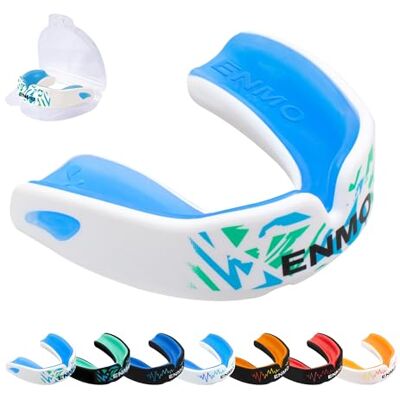 Enmo Maxilla Pro Gum Shield Adult & Junior 10+ Mouth Guard with Case for Rugby, Boxing, Hockey and Contact Sports Mouthguard with Boil & Bite, Breathing Channel Tech, Triple Layer White/Blue Enmo Maxilla Pro Gum Shield Adult & Junior 10+ Mouth Guard with Case for Rugby, Boxing, Hockey and Contact Sports Mouthguard with Boil & Bite, Breathing Channel Tech, Triple Layer White/Blue