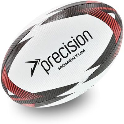 Precision Momentum Rugby Training Ball, Premium Rubber, Hand-Stitched, All-Weather Grip, Extra Strong, Ideal for Clubs and Schools, White Black Red, Size 5 Precision Momentum Rugby Training Ball, Premium Rubber, Hand-Stitched, All-Weather Grip, Extra Strong, Ideal for Clubs and Schools, White Black Red, Size 5