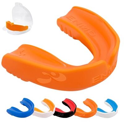 Enmo Maxilla Gel Gum Shield Adult & Junior 10+ Mouth Guard with Case for Rugby, Boxing, Hockey and Contact Sports Mouthguard with Boil & Bite, Breathing Channel Tech, Dual Layer Orange/White Enmo Maxilla Gel Gum Shield Adult & Junior 10+ Mouth Guard with Case for Rugby, Boxing, Hockey and Contact Sports Mouthguard with Boil & Bite, Breathing Channel Tech, Dual Layer Orange/White