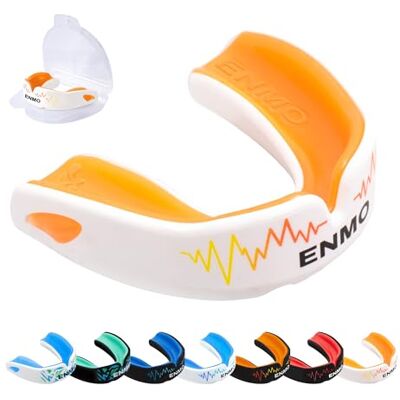 Enmo Maxilla Pro Gum Shield Adult & Junior 10+ Mouth Guard with Case for Rugby, Boxing, Hockey and Contact Sports Mouthguard with Boil & Bite, Breathing Channel Tech, Triple Layer White/Orange Enmo Maxilla Pro Gum Shield Adult & Junior 10+ Mouth Guard with Case for Rugby, Boxing, Hockey and Contact Sports Mouthguard with Boil & Bite, Breathing Channel Tech, Triple Layer White/Orange