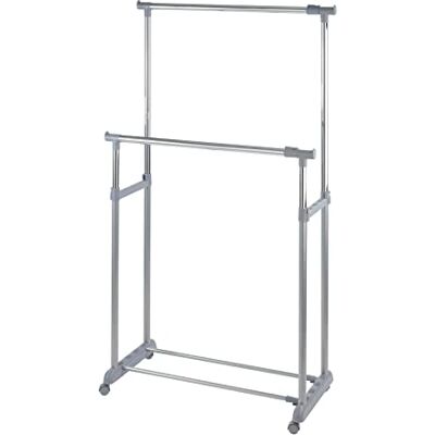 WENKO 4364500100 Clothes rack Twin Bars 2 clothes rails, 1 shelf, heights-adjustable, 4 castors, Chrome plated metal, 95-163 x 98-168 x 44 cm, Chrome WENKO 4364500100 Clothes rack Twin Bars 2 clothes rails, 1 shelf, heights-adjustable, 4 castors, Chrome plated metal, 95-163 x 98-168 x 44 cm, Chrome