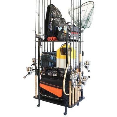 Rush Creek Creations 12-Rod Rolling Fishing Gear Tackle Cart, Fishing Rod Tackle Storage Cart with 12 Freshwater Rod Clips, Black Rush Creek Creations 12-Rod Rolling Fishing Gear Tackle Cart, Fishing Rod Tackle Storage Cart with 12 Freshwater Rod Clips, Black