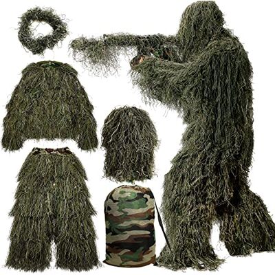 MOPHOTO 5 in 1 Ghillie Suit Camouflage Hunting Apparel Including Jacket, Pants, Hood, Rifle Wrap, Carry Bag Suitable for Unisex Adults MOPHOTO 5 in 1 Ghillie Suit Camouflage Hunting Apparel Including Jacket, Pants, Hood, Rifle Wrap, Carry Bag Suitable for Unisex Adults