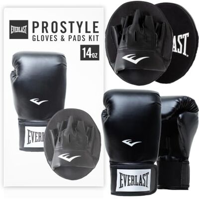 Everlast Prostyle 2 14oz Boxing Gloves and Pads Kit, Black Boxing Gloves for Bags and Mitt Work, Foam-Padded Boxing Pads and Gloves Authentic Gear Everlast Prostyle 2 14oz Boxing Gloves and Pads Kit, Black Boxing Gloves for Bags and Mitt Work, Foam-Padded Boxing Pads and Gloves Authentic Gear