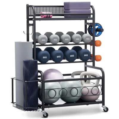 VEVOR Yoga Mat Storage Rack, Home Gym Workout Equipment Organizer, Powder Coated Finish Steel Yoga Mat Holder with Hooks & Wheels, Weight Rack for Dumbbell, Kettlebell, Foam Roller, and Yoga Strap VEVOR Yoga Mat Storage Rack, Home Gym Workout Equipment Organizer, Powder Coated Finish Steel Yoga Mat Holder with Hooks & Wheels, Weight Rack for Dumbbell, Kettlebell, Foam Roller, and Yoga Strap