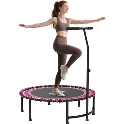 HOMCOM 45" Fitness Trampoline with Adjustable Handle, Folding Rebounder Trampoline Mini Jumper for Indoor Exercise Workout, Support Up to 150kg, Pink HOMCOM 45" Fitness Trampoline with Adjustable Handle, Folding Rebounder Trampoline Mini Jumper for Indoor Exercise Workout, Support Up to 150kg, Pink
