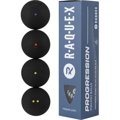 Raquex Progression Squash Balls (Mixed Box of 4) – Four x Speeds Included: Competition Double Yellow Dot, Yellow, Red, Blue. WSF Approved Squash Ball Raquex Progression Squash Balls (Mixed Box of 4) – Four x Speeds Included: Competition Double Yellow Dot, Yellow, Red, Blue. WSF Approved Squash Ball