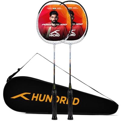 HUNDRED Powertek 100 (Set of 2) Badminton Racquet with Full Cover (White/Black, Size: Standard, Grip Size: G5) Strung Material: Aluminium Maximum Tension: 16-18lbs for Intermediate player HUNDRED Powertek 100 (Set of 2) Badminton Racquet with Full Cover (White/Black, Size: Standard, Grip Size: G5) Strung Material: Aluminium Maximum Tension: 16-18lbs for Intermediate player