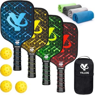 YILLOG Pickleball Paddles, USAPA Approved, Set of 4, Fiberglass Surface, 4 Balls, 4 Towels, Bag, Paddle for Men Women YILLOG Pickleball Paddles, USAPA Approved, Set of 4, Fiberglass Surface, 4 Balls, 4 Towels, Bag, Paddle for Men Women