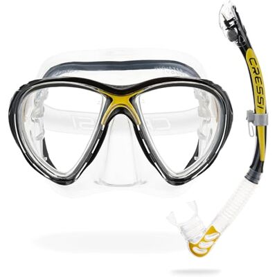 CRESSI Big Eyes Evo & Alpha Ultra Dry Snorkel Set Adults Silicone Snorkel Mask Dry-Top Breathing Tube Fit Diving Mask Clear/Yellow Combo Set CRESSI Big Eyes Evo & Alpha Ultra Dry Snorkel Set Adults Silicone Snorkel Mask Dry-Top Breathing Tube Fit Diving Mask Clear/Yellow Combo Set