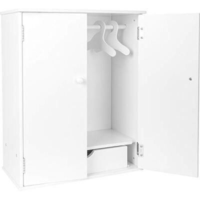small foot Wooden doll cabinet in white, with accessories such as clothes rail and hanger, addition to doll accessories, 11213, 40 x 20 x 53 cm small foot Wooden doll cabinet in white, with accessories such as clothes rail and hanger, addition to doll accessories, 11213, 40 x 20 x 53 cm