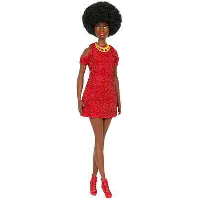 Barbie Fashionistas Doll #221 with Natural Black Hair Wearing Removable Red Dress & Accessories, 65th Anniversary Collectible Toy, HRH18 Barbie Fashionistas Doll #221 with Natural Black Hair Wearing Removable Red Dress & Accessories, 65th Anniversary Collectible Toy, HRH18