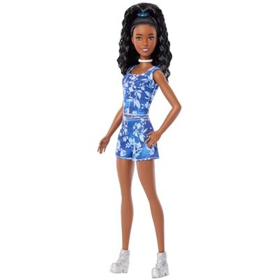 Barbie Fashionistas Style Doll #248 with Black Hair, Wearing Blue Floral Shorts with Blue Floral Tank Top, Silver Shoes, JJN61 Barbie Fashionistas Style Doll #248 with Black Hair, Wearing Blue Floral Shorts with Blue Floral Tank Top, Silver Shoes, JJN61