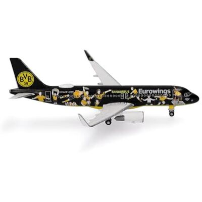 Herpa airplane model Eurowings Airbus A320 "BVB Fanairbus" D-AEWM on a scale of 1 : 500, metal miniature without pedastal, model building, collectors edition Herpa airplane model Eurowings Airbus A320 "BVB Fanairbus" D-AEWM on a scale of 1 : 500, metal miniature without pedastal, model building, collectors edition