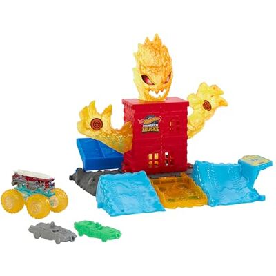 Hot Wheels Monster Trucks Toy Playset, 1:64 Scale 5-Alarm Firetruck Battles the Fire Monster for a Funny Reveal, 2 Crushed Cars, Power Smashers, HTP39 Hot Wheels Monster Trucks Toy Playset, 1:64 Scale 5-Alarm Firetruck Battles the Fire Monster for a Funny Reveal, 2 Crushed Cars, Power Smashers, HTP39