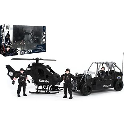 EUROPEAN FORCE 093550 Helicopter and wheel Vehicle GIGN 3 Figures and Accessories 30 cm Plastic for Age 3 Years and Above, Black EUROPEAN FORCE 093550 Helicopter and wheel Vehicle GIGN 3 Figures and Accessories 30 cm Plastic for Age 3 Years and Above, Black
