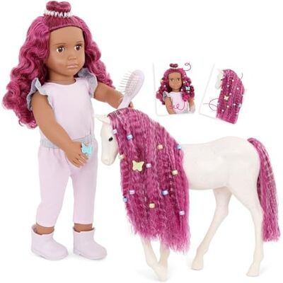 Our Generation Estra & Delta 18-Inch Doll & Horse Foal Set Matching Fuchsia Hair Grooming & Styling Accessories Pretend Play Toy for Kids 3 Years + Our Generation Estra & Delta 18-Inch Doll & Horse Foal Set Matching Fuchsia Hair Grooming & Styling Accessories Pretend Play Toy for Kids 3 Years +