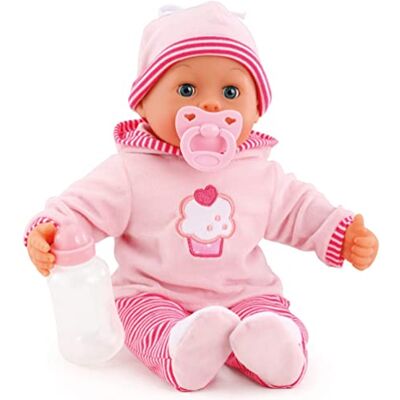 Bayer Design 93816AA Interactive baby doll, soft body, baby sounds, closing eyes, pacifier, bottle, 15 inch, pink with cupcake Bayer Design 93816AA Interactive baby doll, soft body, baby sounds, closing eyes, pacifier, bottle, 15 inch, pink with cupcake