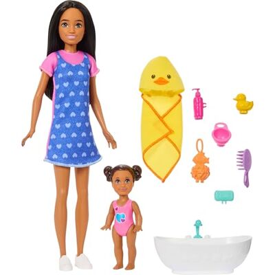 Barbie Skipper Babysitters Inc. Playset with Brunette Doll, Brunette Toddler Doll, Bathtub & 6 Accessories Including a Rubber Duckie, JJB43 Barbie Skipper Babysitters Inc. Playset with Brunette Doll, Brunette Toddler Doll, Bathtub & 6 Accessories Including a Rubber Duckie, JJB43