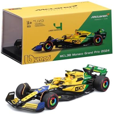 Bburago McLaren MCL38#4 Lando Norris Monaco GP 2024 Senna’s 30th Anniversary, 1:43 Scale with Helmet and Display Case, Special Livery, Officially Licensed by McLaren, 14+ Bburago McLaren MCL38#4 Lando Norris Monaco GP 2024 Senna’s 30th Anniversary, 1:43 Scale with Helmet and Display Case, Special Livery, Officially Licensed by McLaren, 14+