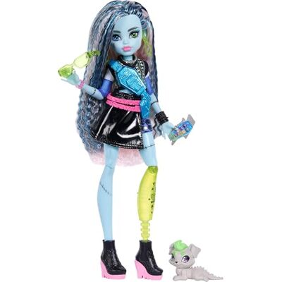 Monster Cable Doll, Frankie Stein in Cropped Sweater and Black Pleather Skirt with Pet Dog Watzie and 7 Accessories like Earphones, Belt Bag and Snacks, JHK31 Monster Cable Doll, Frankie Stein in Cropped Sweater and Black Pleather Skirt with Pet Dog Watzie and 7 Accessories like Earphones, Belt Bag and Snacks, JHK31