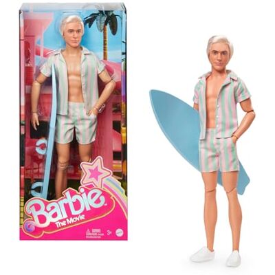 Barbie The Movie Ken Doll Wearing Pastel Pink and Green Striped Beach Matching Set with Surfboard and White Sneakers, JBJ54 Barbie The Movie Ken Doll Wearing Pastel Pink and Green Striped Beach Matching Set with Surfboard and White Sneakers, JBJ54