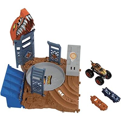 Hot Wheels Monster Trucks Arena Smashers Tiger Shark Spin-Out Challenge with a 1:64 Scale Tiger Shark and 2 Crushable Cars, HNB93 Hot Wheels Monster Trucks Arena Smashers Tiger Shark Spin-Out Challenge with a 1:64 Scale Tiger Shark and 2 Crushable Cars, HNB93