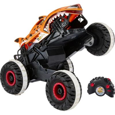 Hot Wheels Monster Trucks HW Unstoppable Tiger Shark RC Battery-Powered Remote Control, Toy Truck in 1:15 Scale, All-Terrain Wheels, Recharge with USB Cable, HGV87 Hot Wheels Monster Trucks HW Unstoppable Tiger Shark RC Battery-Powered Remote Control, Toy Truck in 1:15 Scale, All-Terrain Wheels, Recharge with USB Cable, HGV87