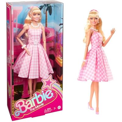 Barbie The Movie Doll, Margot Robbiewith Pink and White Gingham Dress and Daisy Chain Necklace, Toys for Ages 3 and Up, HPJ96 Barbie The Movie Doll, Margot Robbiewith Pink and White Gingham Dress and Daisy Chain Necklace, Toys for Ages 3 and Up, HPJ96