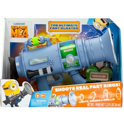 MINIONS Despicable Me 4 The Ultimate Fart Blaster; Blasts out REAL Fart Rings of fog; Plays 15 Different Fart Sounds Lights Up and Emits Smells; It Includes 2 Different Scented Fart Formulas MINIONS Despicable Me 4 The Ultimate Fart Blaster; Blasts out REAL Fart Rings of fog; Plays 15 Different Fart Sounds Lights Up and Emits Smells; It Includes 2 Different Scented Fart Formulas