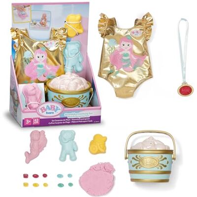 BABY born Beach Surprise Set with mermaid print swimsuit, sand molds, malleable sand, bucket and 5 surprises for 43cm dolls BABY born Beach Surprise Set with mermaid print swimsuit, sand molds, malleable sand, bucket and 5 surprises for 43cm dolls