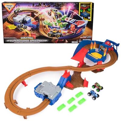 Monster Cable , Supercharge Speedway Playset, Includes Megalodon and El Toro Loco 1:64 Scale Die-Cast Monster Trucks, Light Up World Finals Track Kids’ Toys for Boys Aged 3 4 5 6+ Monster Cable , Supercharge Speedway Playset, Includes Megalodon and El Toro Loco 1:64 Scale Die-Cast Monster Trucks, Light Up World Finals Track Kids’ Toys for Boys Aged 3 4 5 6+