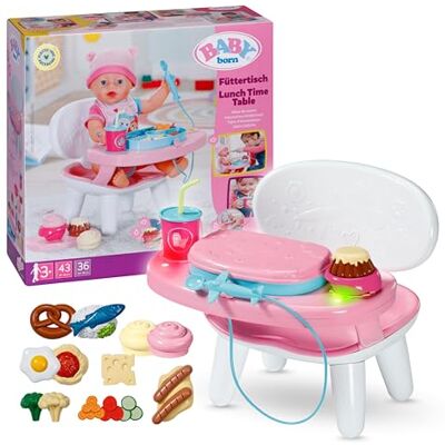 BABY born Lunch Time Table with Lights and Sounds Over 10 Different Dishes and Drinks For dolls up to 43cm Suitable for ages 3+ BABY born Lunch Time Table with Lights and Sounds Over 10 Different Dishes and Drinks For dolls up to 43cm Suitable for ages 3+