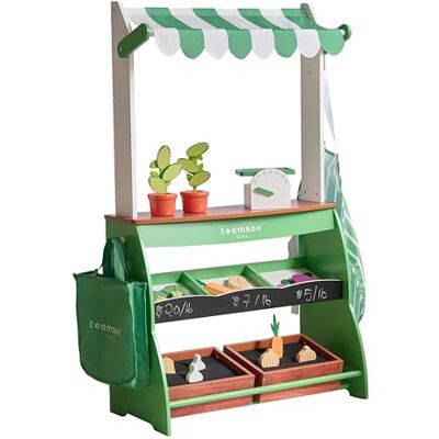 Teamson Kids Wooden Farmer's Market Stand, Pretend Play Grocery Store with Play Food, Scales and Vegetables, Educational Role Play Toy Set, Green Teamson Kids Wooden Farmer's Market Stand, Pretend Play Grocery Store with Play Food, Scales and Vegetables, Educational Role Play Toy Set, Green