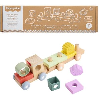 Fisher-Price Wood Baby Toy Stacking Train, 9-Piece Activity with Silicone & Wooden Blocks for Infants & Toddlers Ages 9+ Months, JKH08 Fisher-Price Wood Baby Toy Stacking Train, 9-Piece Activity with Silicone & Wooden Blocks for Infants & Toddlers Ages 9+ Months, JKH08